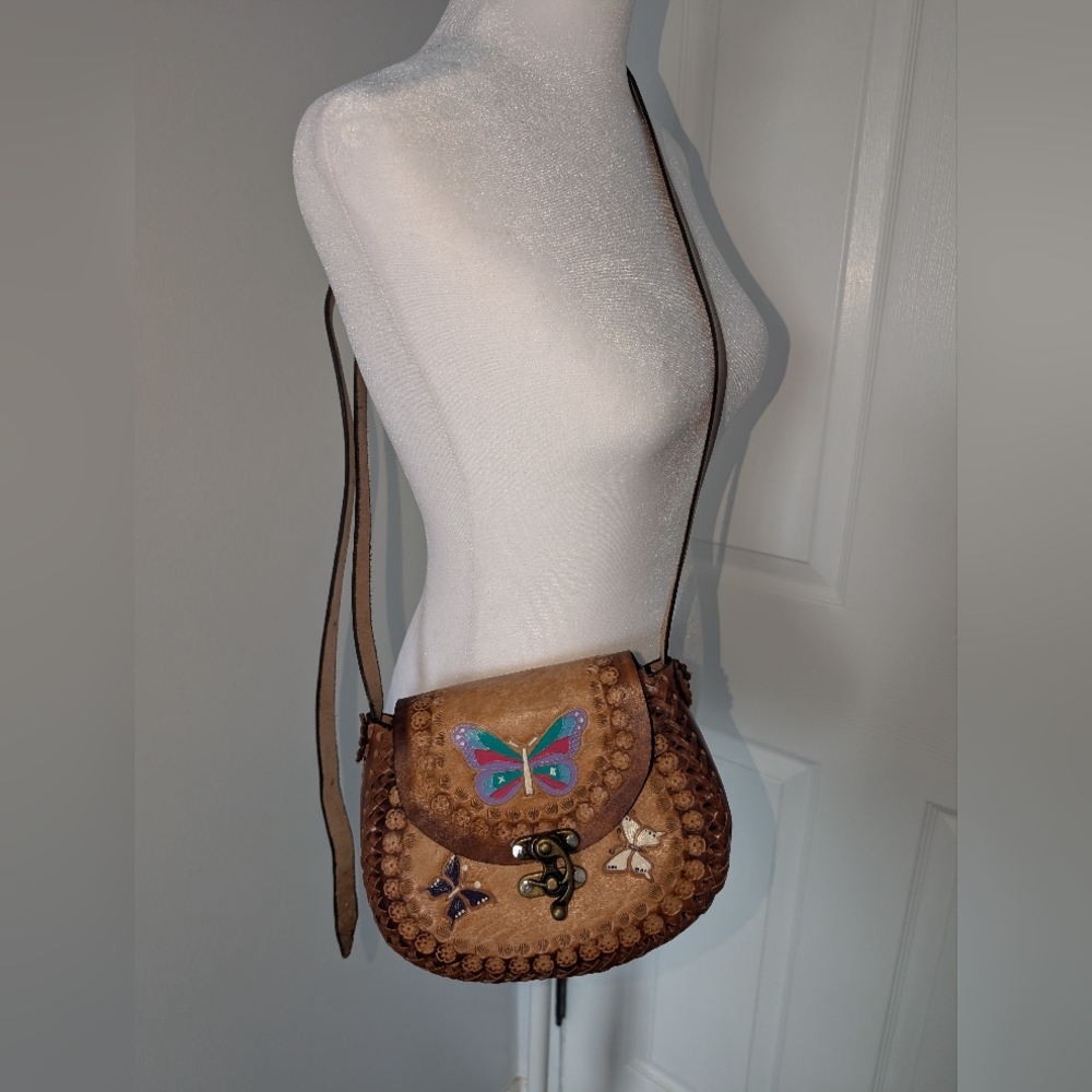 Hand-Tooled, Hand-Painted Leather Crossbody Bag